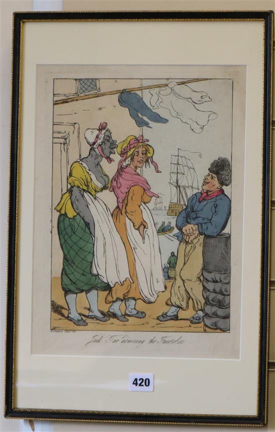 Thomas Rowlandson, coloured engravings, Jacktar admiring the fair sets, 37 x 27cm